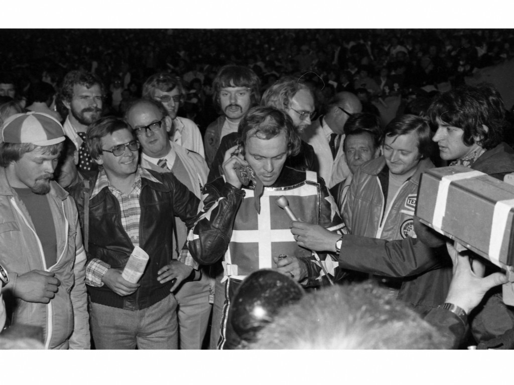 Ole Olsen phones home from Wembley to tell Denmark he's 1975 FIM Speedway world champion