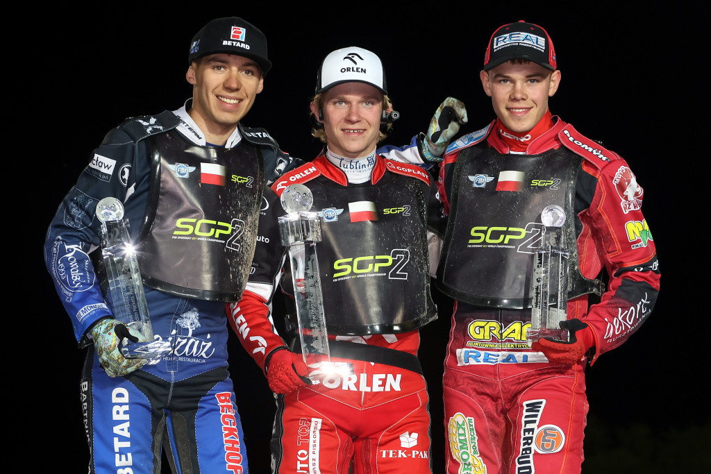 FIM SGP2 top three Cierniak (centre), Damian Ratajczak (right) and Kowalski (left). PHOTO: Jarek Pabijan