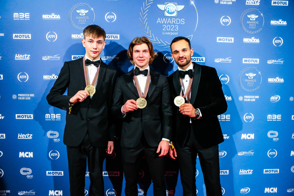 FIM Speedway's 2023 champions: Rasmus Karlsson (SGP3 left), Mateusz Cierniak (SGP2 centre), Bartosz Zmarzlik (Speedway GP right). PHOTO: Jesper Veldhuizen