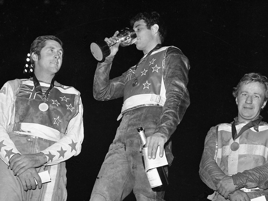A second taste of world title champagne in two years for Mauger as he beats Briggs (left) and Sweden's Soren Sjosten (right) to the top prize in the Wembley World Final. PHOTO: The John Somerville Collection