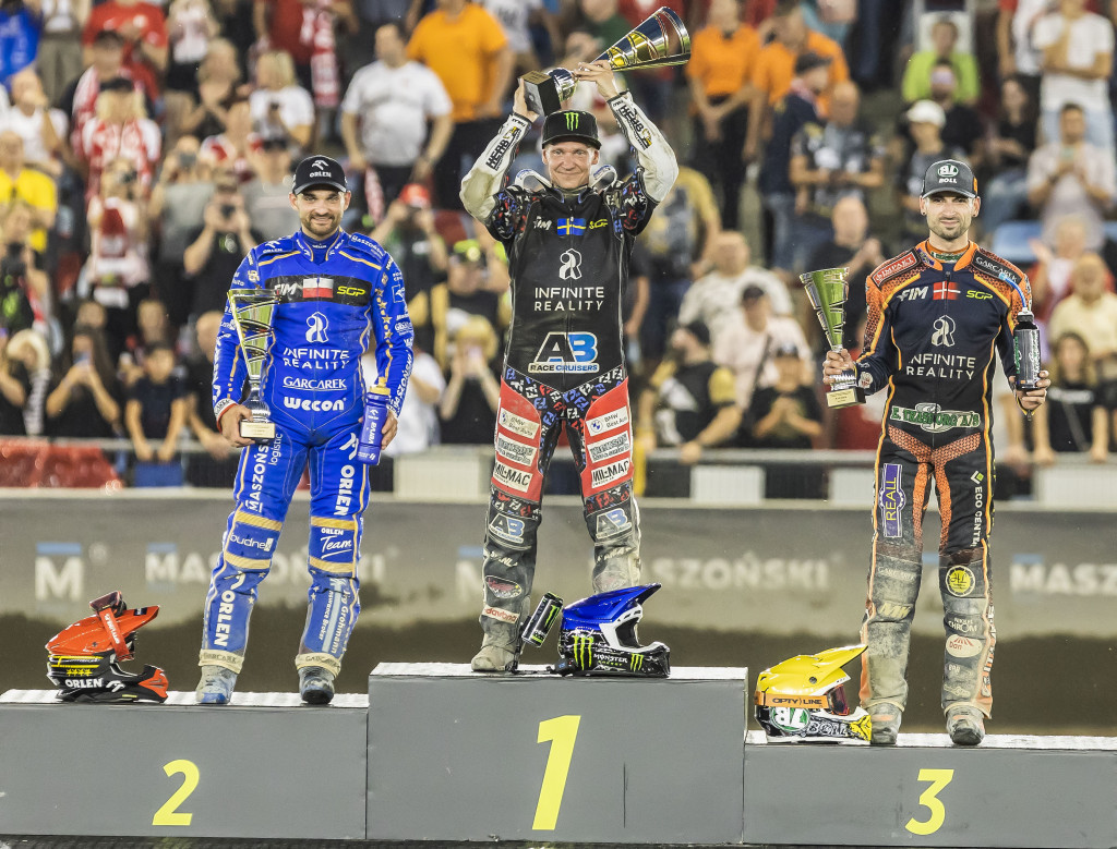 ISS FIM Gorzow Speedway GP top trio Fredrik Lindgren (centre), Bartosz Zmarzlik (left), Mikkel Michelsen (right). PHOTO: Taylor Lanning