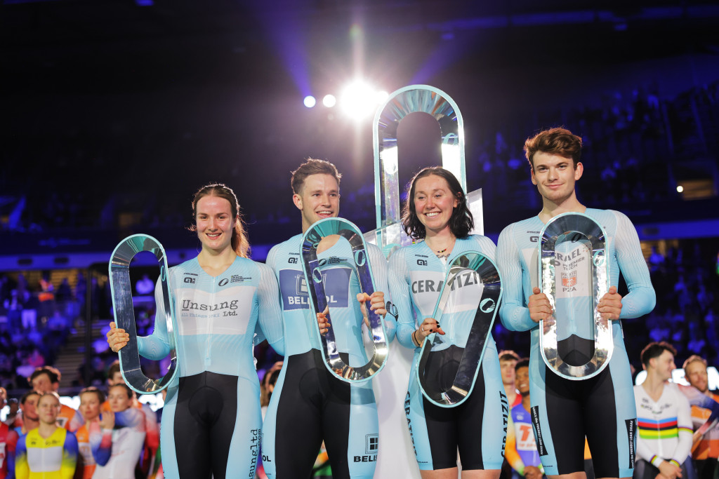 2023 UCI Track Champions League overall winners: Ellesse Andrews (NZL), Harrie Lavreysen (NED), Katie Archibald (GBR) and Dylan Bibic (CAN)