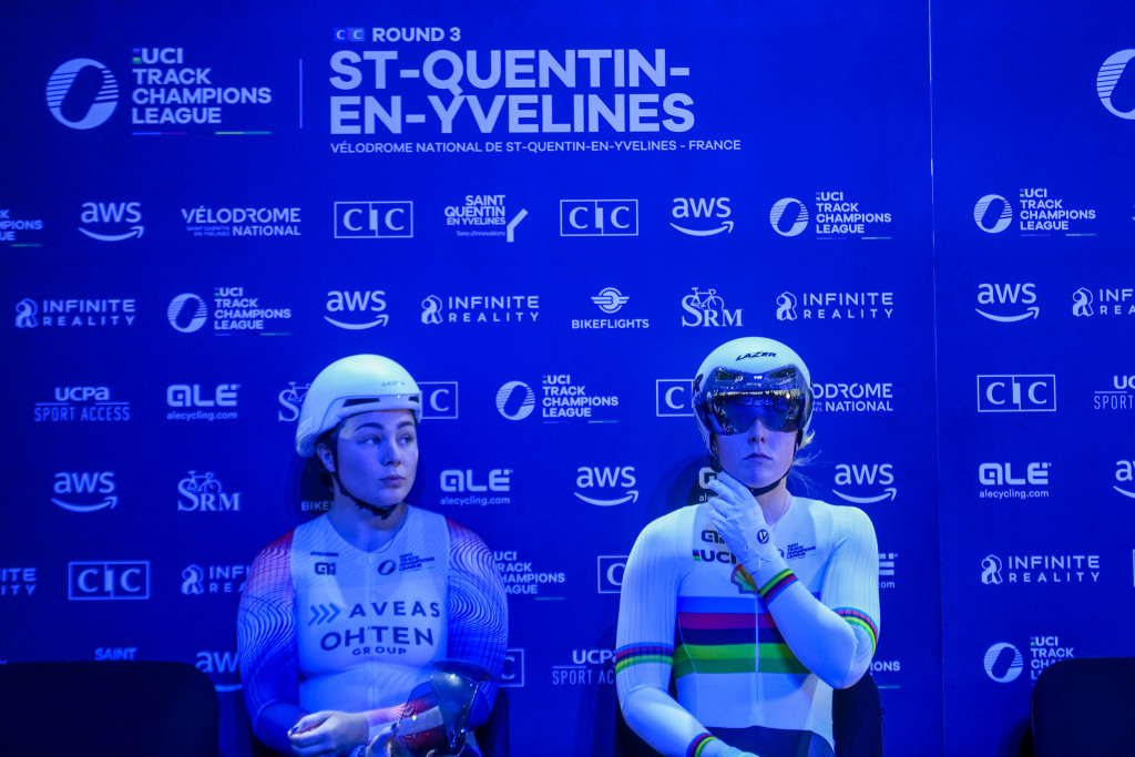 Reigning UCI Sprint World Champion Emma Finucane with sprint-winning teamate, Sophie Capewell (both from Great Britain) 