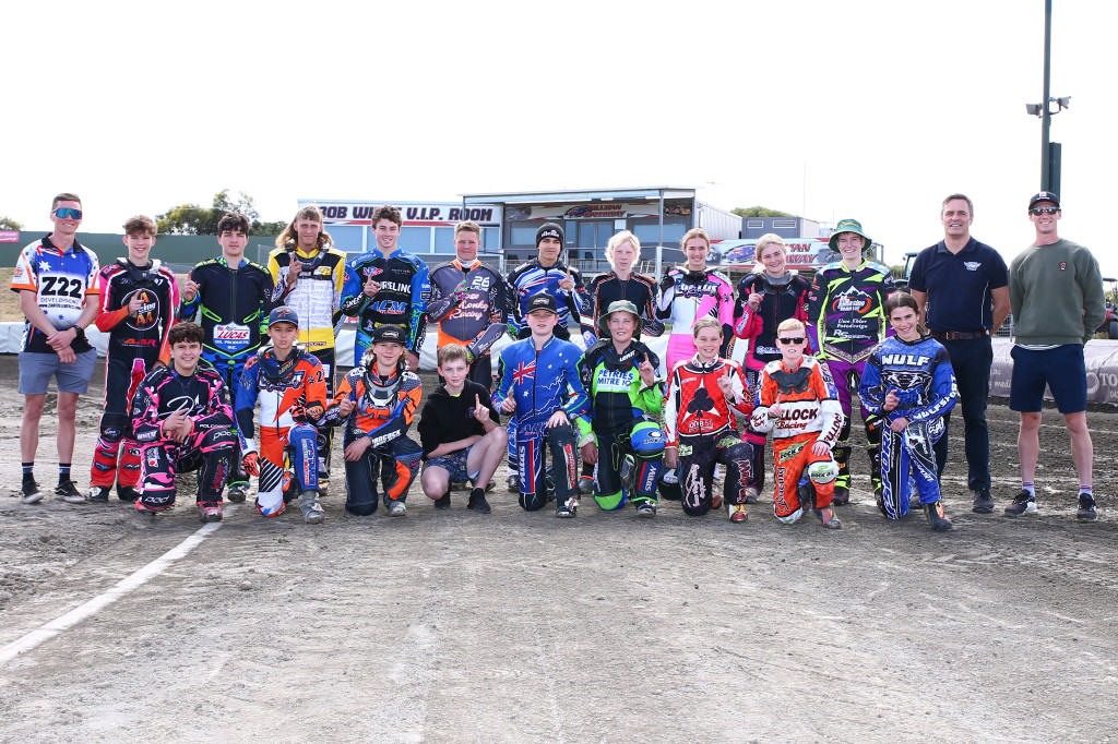 Phil Morris (second from right) and Max Fricke (far right) coached at a previous Motorcycling Australia training camp