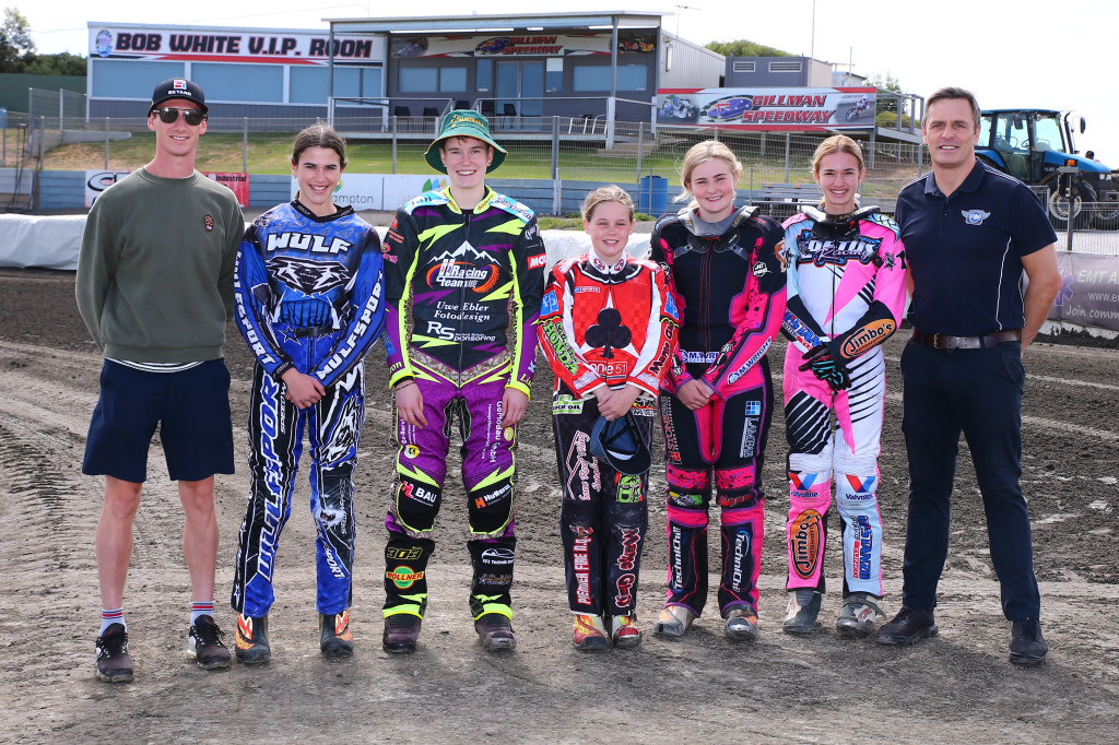 Max Fricke (far left) and Phil Morris (far right) joined by some of Australia's female stars - plus 2024 FIM Women's Speedway Gold Trophy winner Celina Liebmann (third from left)