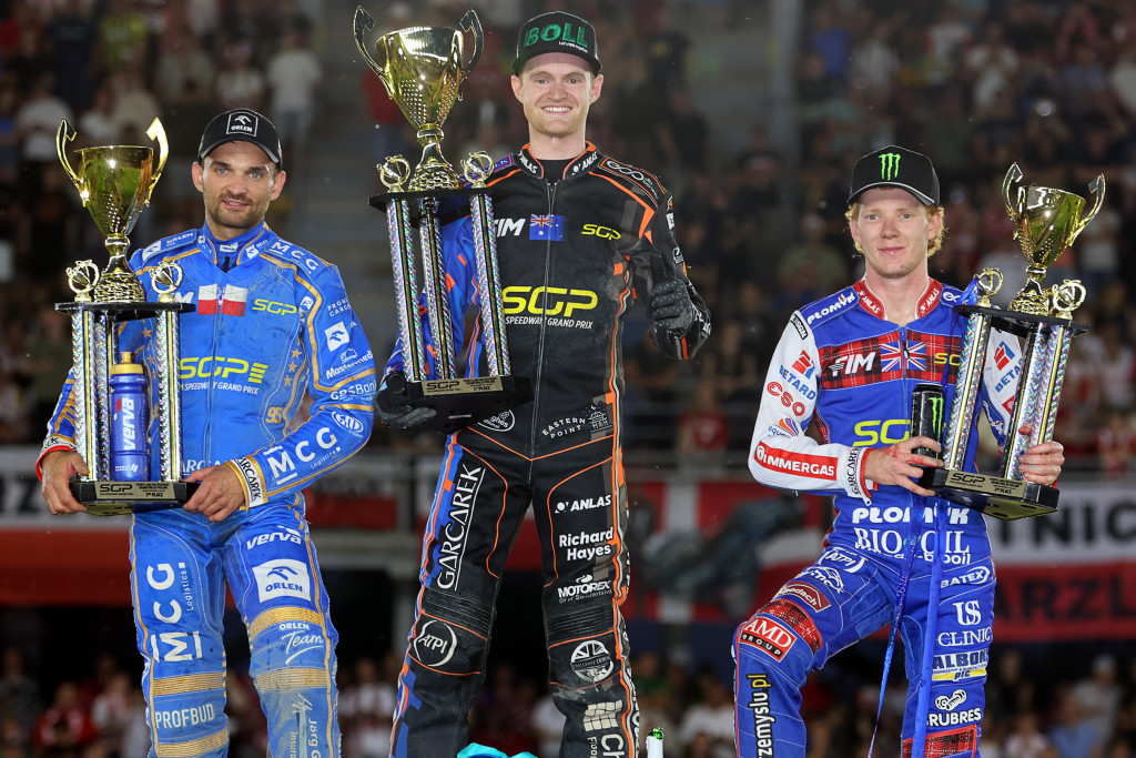 Gorzow top trio Kurtz (centre), Zmarzlik (left) and Bewley (right). PHOTO: Jarek Pabijan