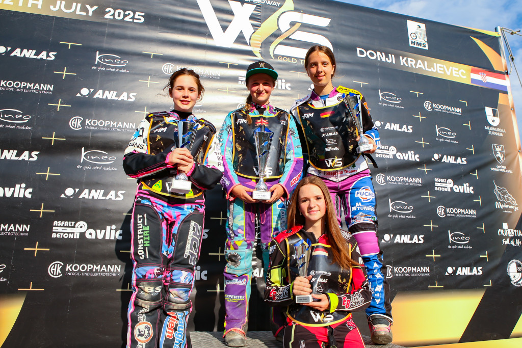 The Youth Women’s Speedway Gold Trophy of Croatia top trio Demi Blu Harris (top centre), Ruby Chapman (left), Lenja Tebbe (right top) and Sanne Meijerink (bottom right). PHOTO: Jesper Veldhuizen