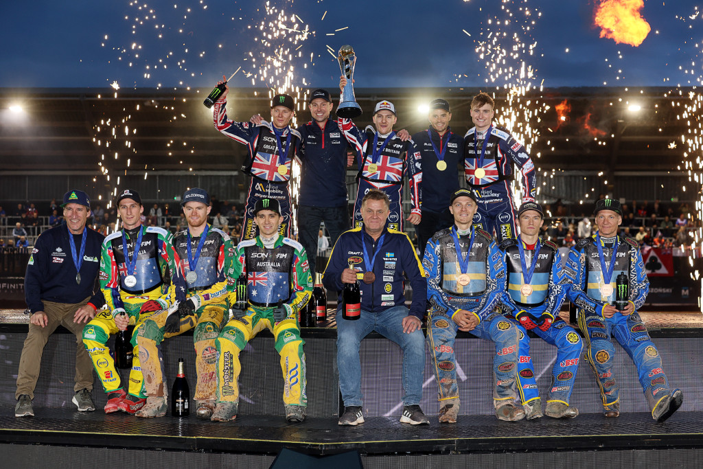 Great Britain topped the 2024 FIM Speedway of Nations podium in Manchester with Australia second and Sweden third. PHOTO: Jarek Pabijan